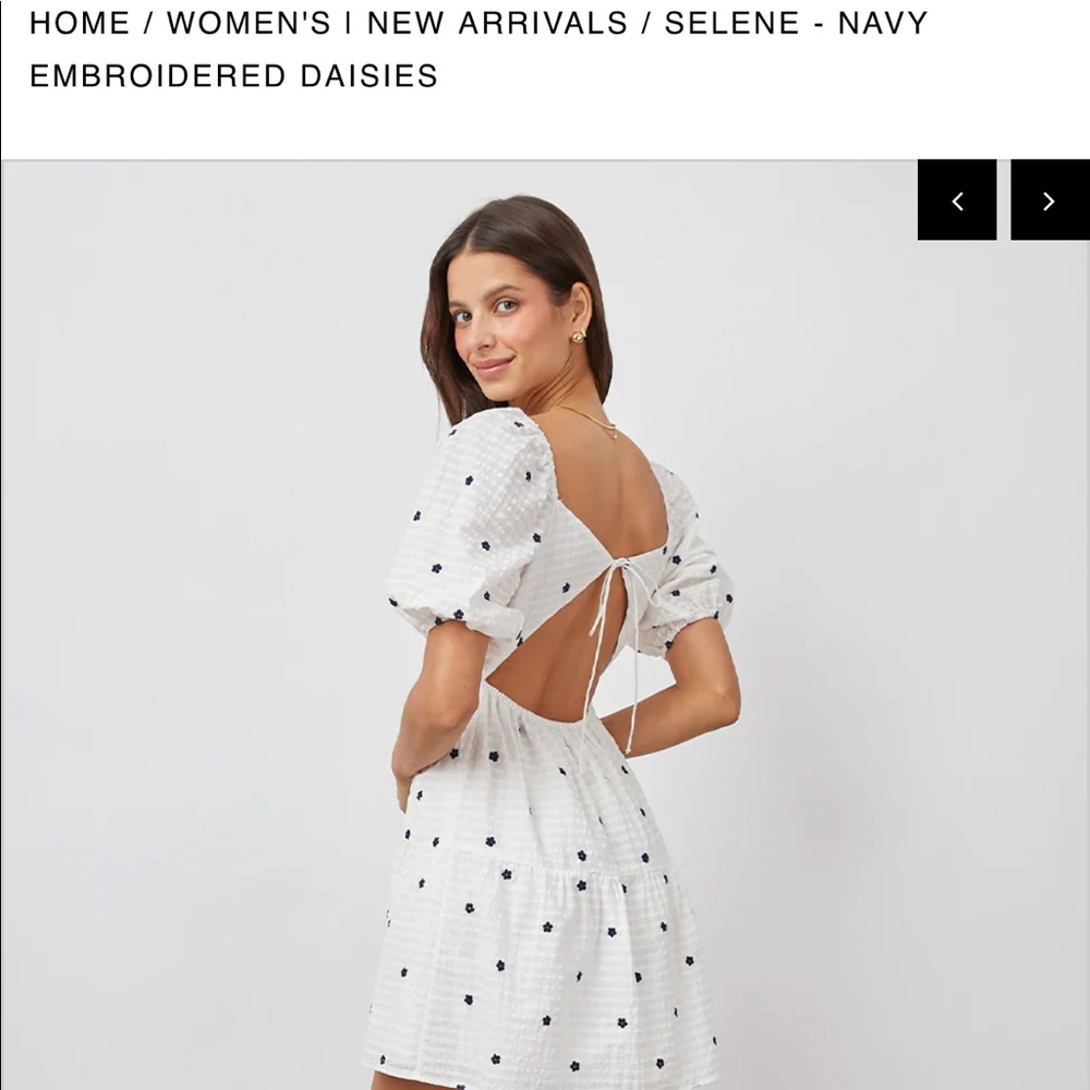 Rails mini dress with tiny navy embroidered daisies. Cut-out back.